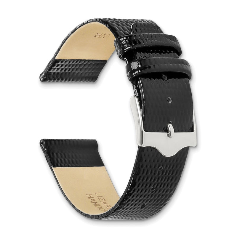 DeBeer 12mm Flat Black Lizard Grain Leather with Silver-tone Buckle 6.75 inch Watch Band