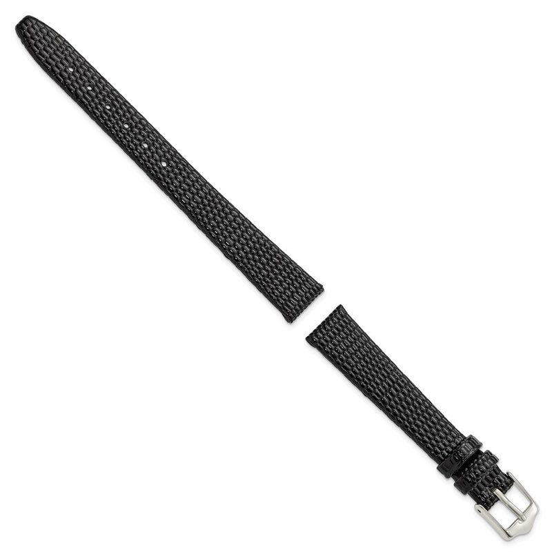 DeBeer 12mm Flat Black Lizard Grain Leather with Silver-tone Buckle 6.75 inch Watch Band