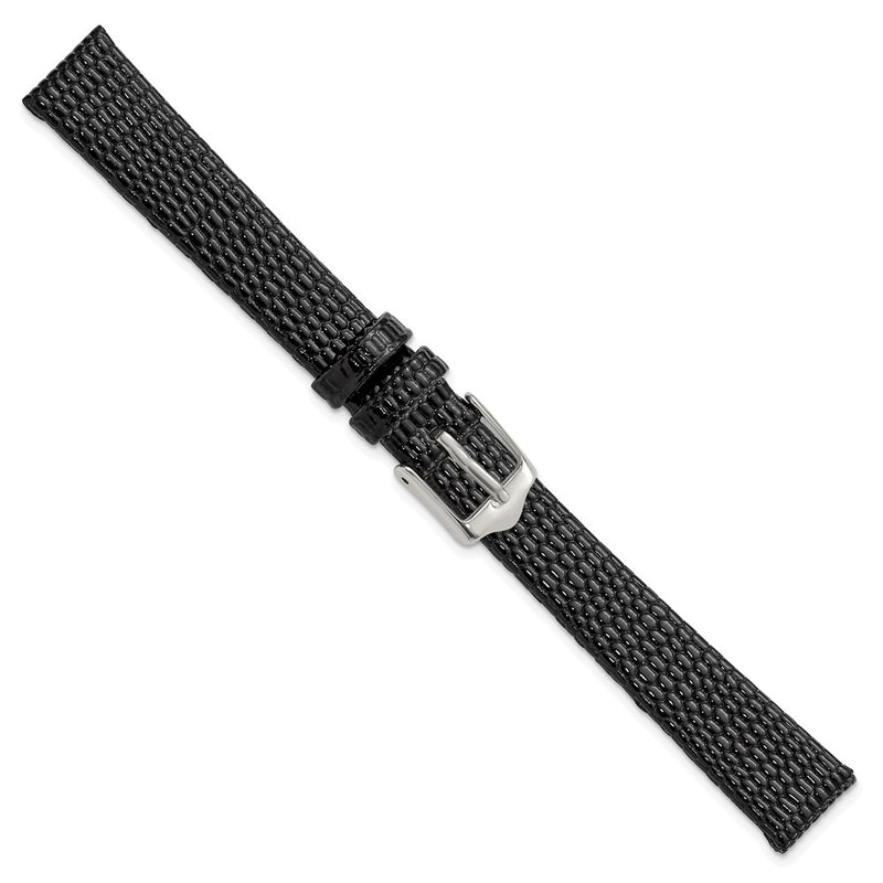 DeBeer 12mm Flat Black Lizard Grain Leather with Silver-tone Buckle 6.75 inch Watch Band