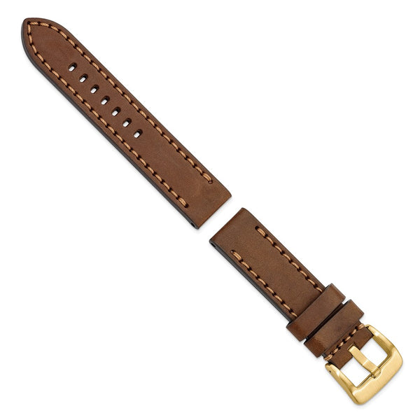 Gilden 22mm Brown Thick and Heavy Sport Calfskin Leather with Brown Stitching and Yellow IP-plated Stainless Steel Buckle 8.1 inch Watch Band