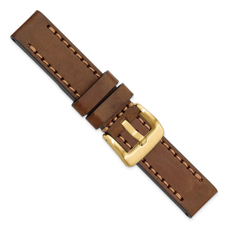 Gilden 22mm Brown Thick and Heavy Sport Calfskin Leather with Brown Stitching and Yellow IP-plated Stainless Steel Buckle 8.1 inch Watch Band