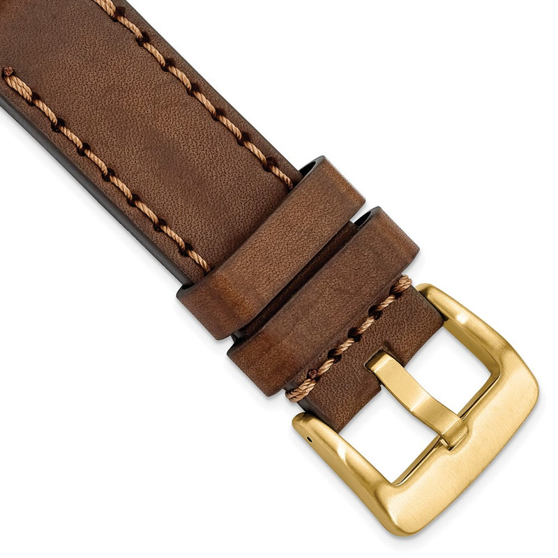 Gilden 24mm Brown Thick and Heavy Sport Calfskin Leather with Brown Stitching and Yellow IP-plated Stainless Steel Buckle 8.1 inch Watch Band