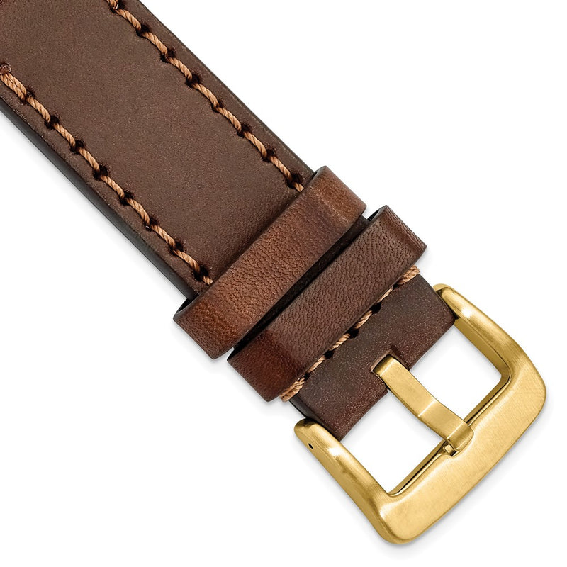 Gilden 26mm Brown Thick and Heavy Sport Calfskin Leather with Brown Stitching and Yellow IP-plated Stainless Steel Buckle 8.1 inch Watch Band