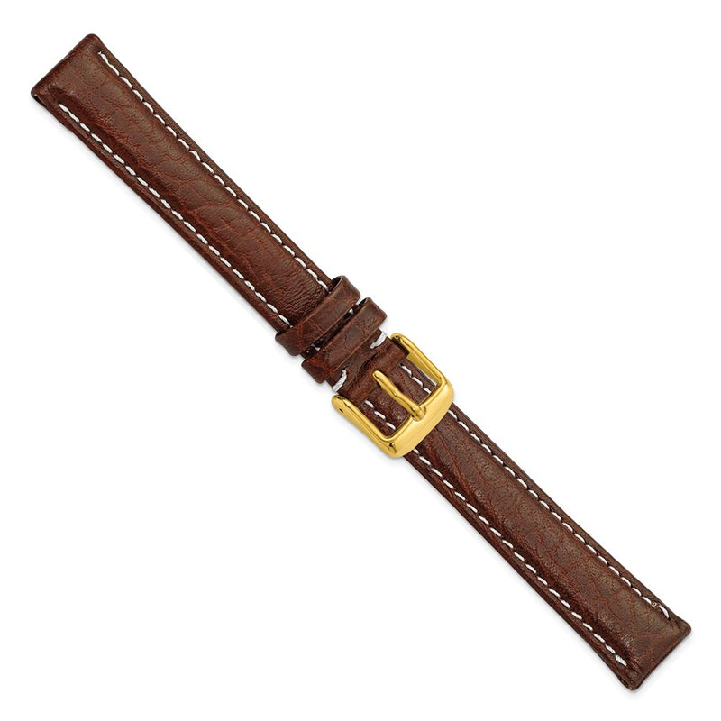 DeBeer 16mm Long Dark Brown Sport Leather with White Stitching and Gold-tone Buckle 8.5 inch Watch Band