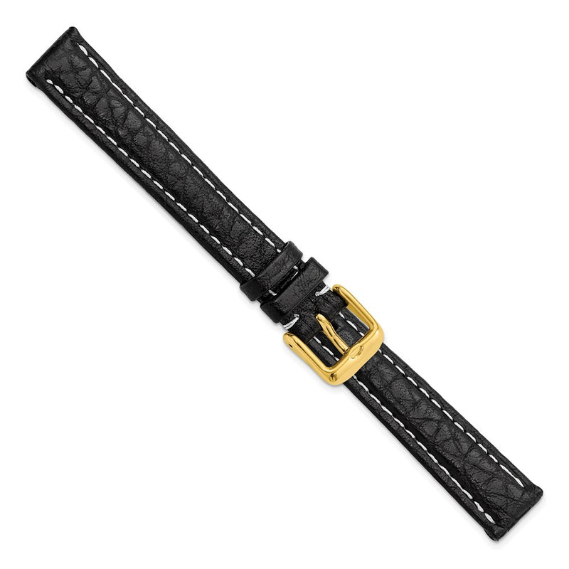 DeBeer 14mm Black Sport Leather with White Stitching and Gold-tone Buckle 6.75 inch Watch Band