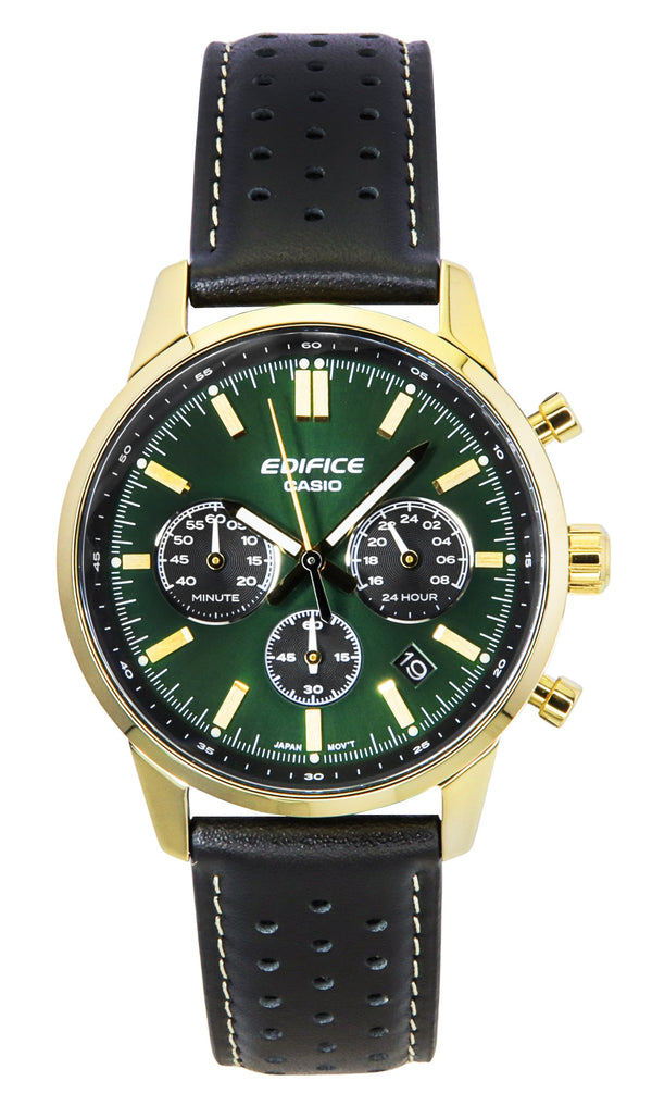 Casio Edifice Analog Chronograph Leather Strap Green Dial Quartz EFR-575CL-3A 100M Mens Watch