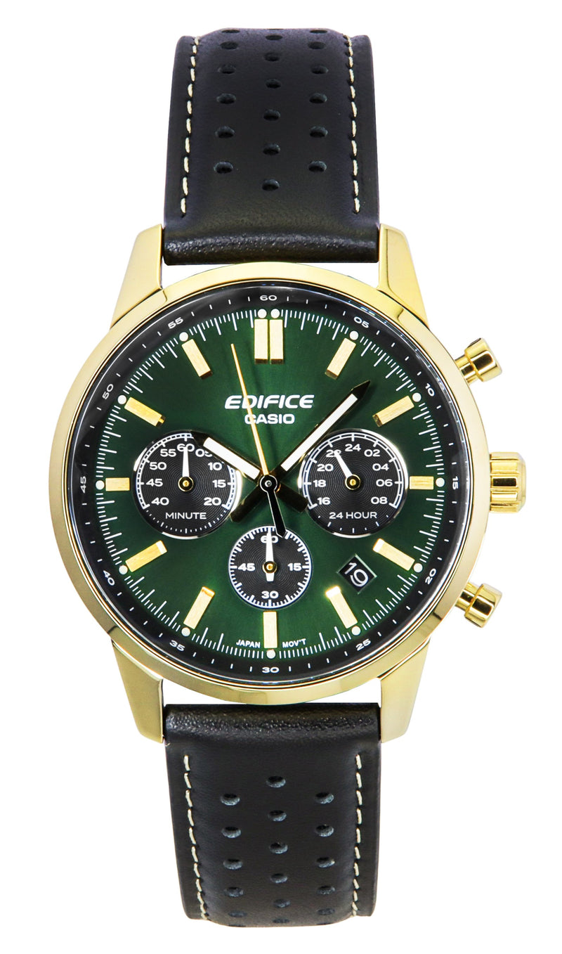 Casio Edifice Analog Chronograph Leather Strap Green Dial Quartz EFR-575CL-3A 100M Mens Watch