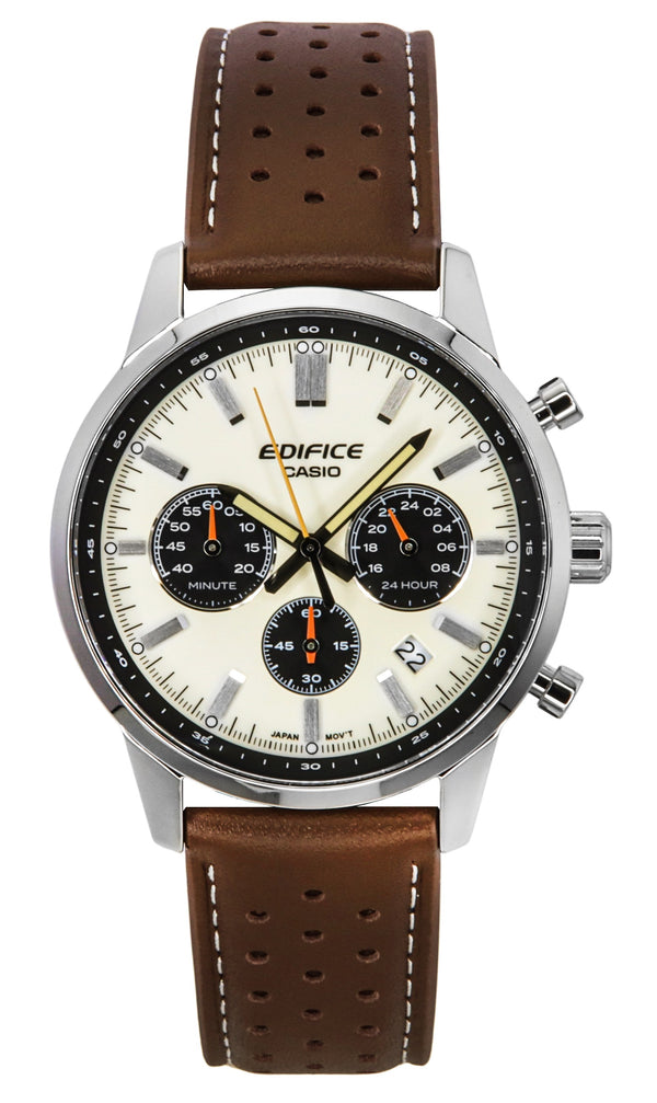 Casio Edifice Analog Chronograph Leather Strap Cream Dial Quartz EFR-575L-7A 100M Mens Watch