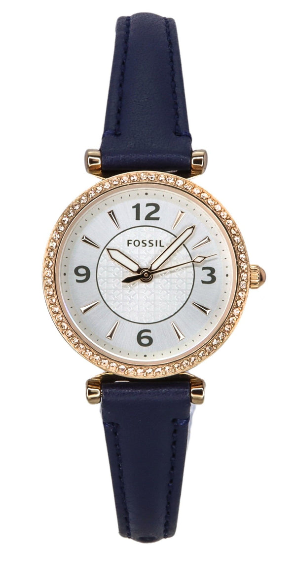 Fossil Carlie Crystal Accents Silver Dial Navy LiteHide Leather Quartz ES5295 Women's Watch