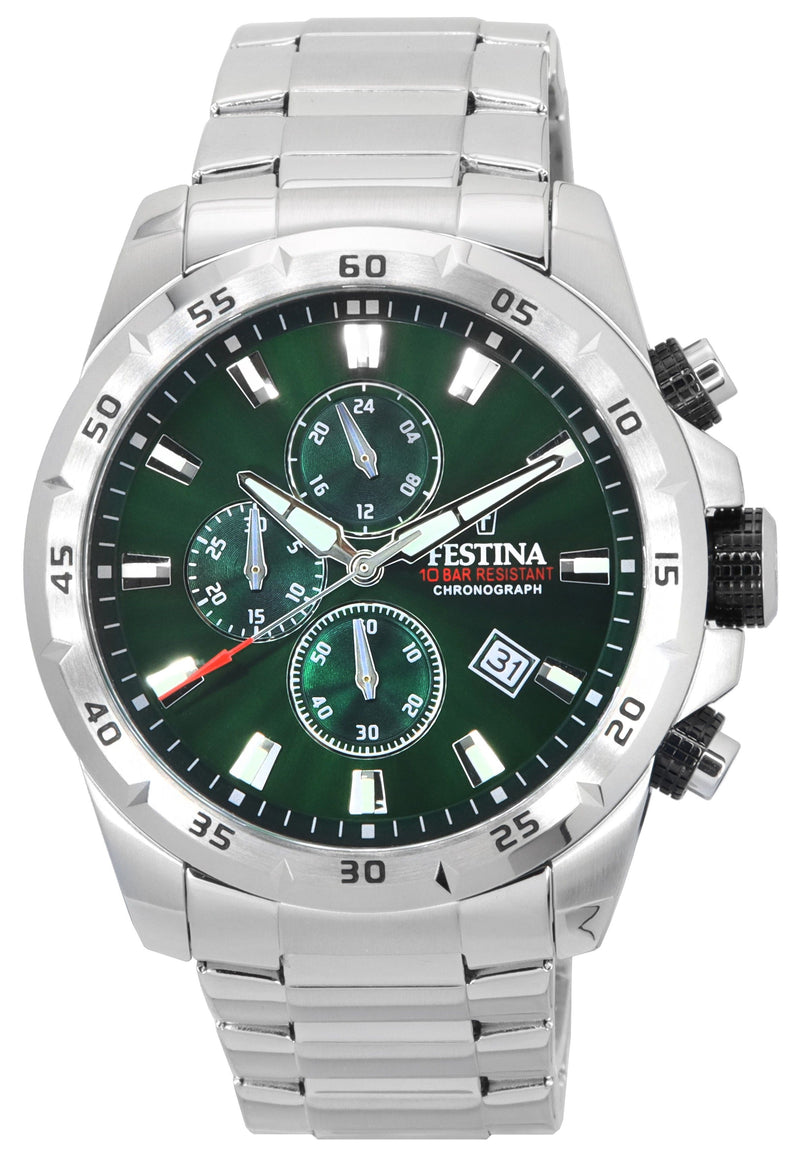 Festina Sports Chorongraph Stainless Steel Green Dial Quartz F20463-3 F204633 100M Men's Watch