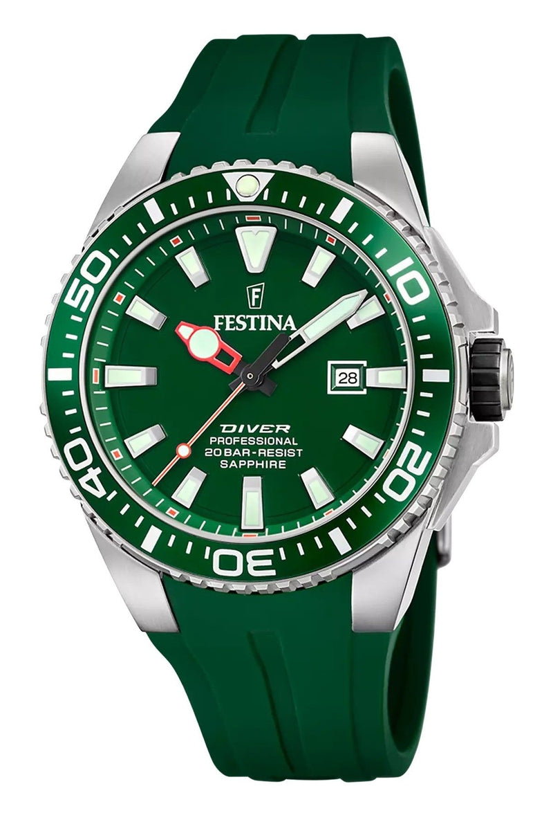 Festina The Originals Rubber Strap Green Dial Quartz Diver's F20664-2 200M Men's Watch