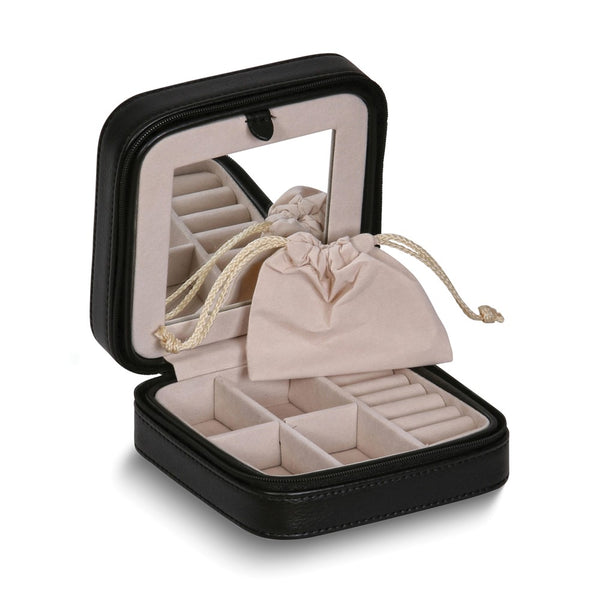 Black Vegan Leather Mirrored Divider Faux Suede Lined Zippered Jewelry Case with Removable Drawstring Pouch