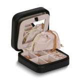 Black Vegan Leather Mirrored Divider Faux Suede Lined Zippered Jewelry Case with Removable Drawstring Pouch