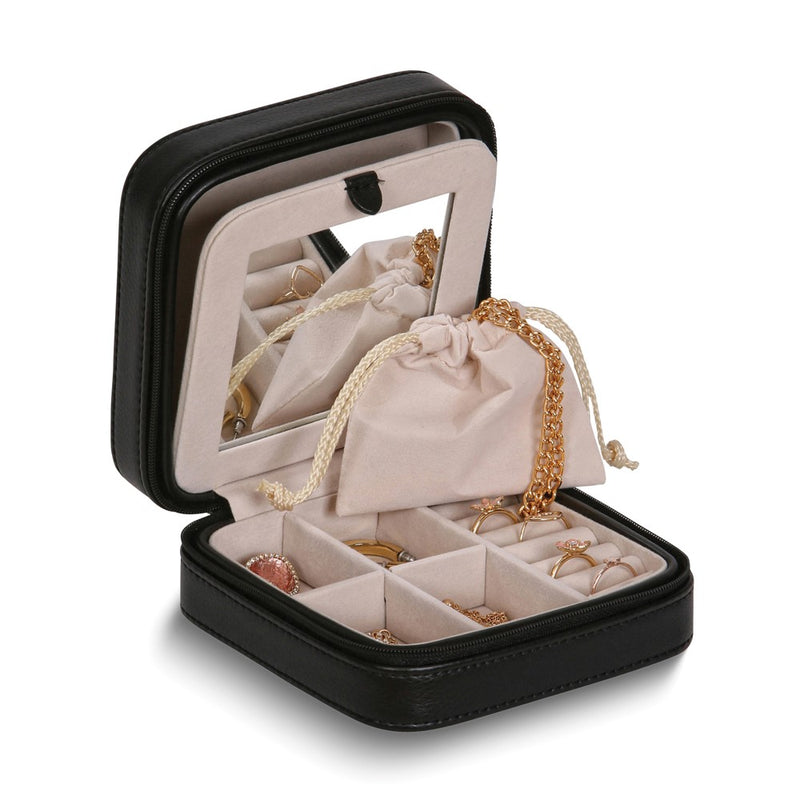 Black Vegan Leather Mirrored Divider Faux Suede Lined Zippered Jewelry Case with Removable Drawstring Pouch