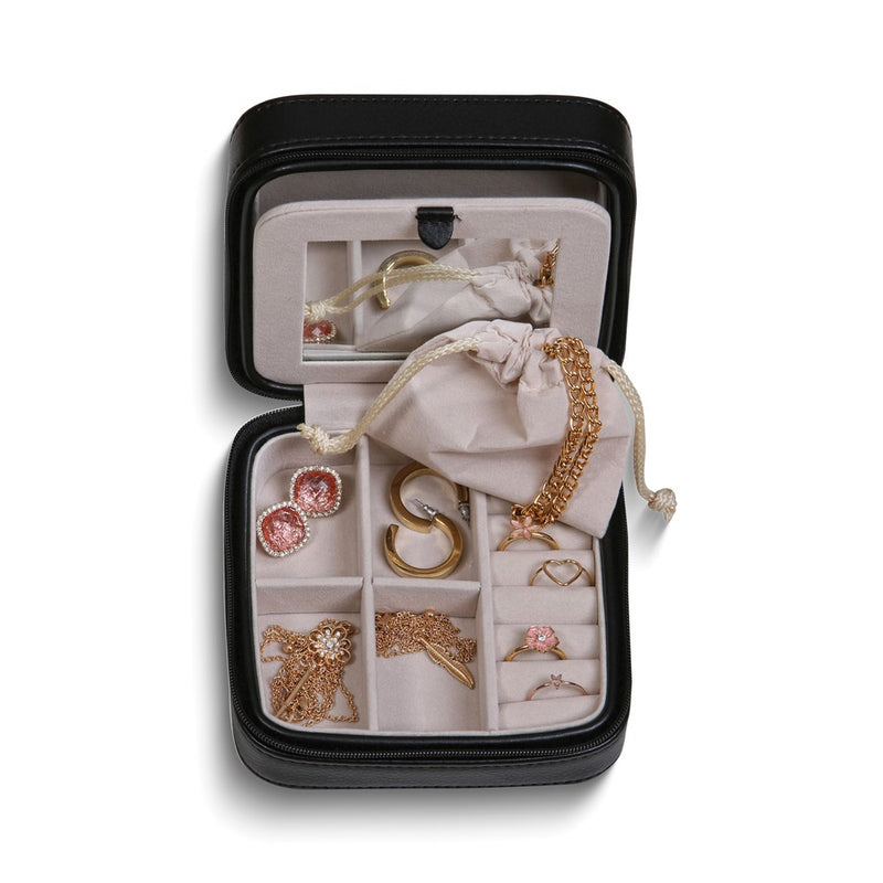 Black Vegan Leather Mirrored Divider Faux Suede Lined Zippered Jewelry Case with Removable Drawstring Pouch