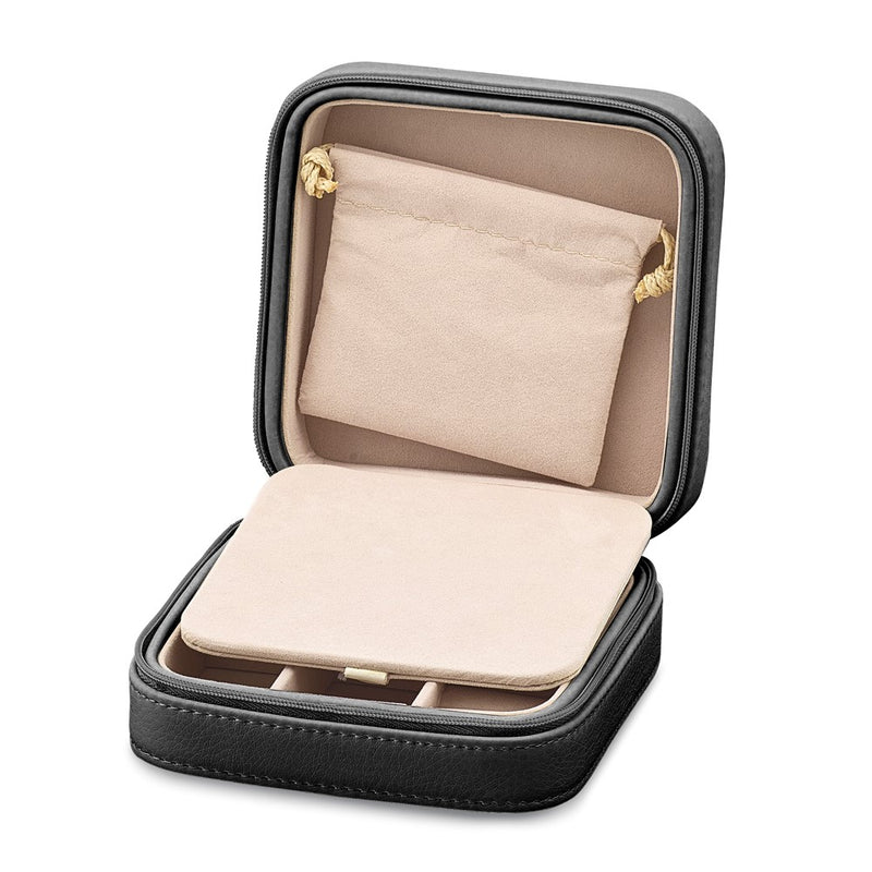 Black Vegan Leather Mirrored Divider Faux Suede Lined Zippered Jewelry Case with Removable Drawstring Pouch