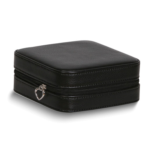Black Vegan Leather Mirrored Divider Faux Suede Lined Zippered Jewelry Case with Removable Drawstring Pouch