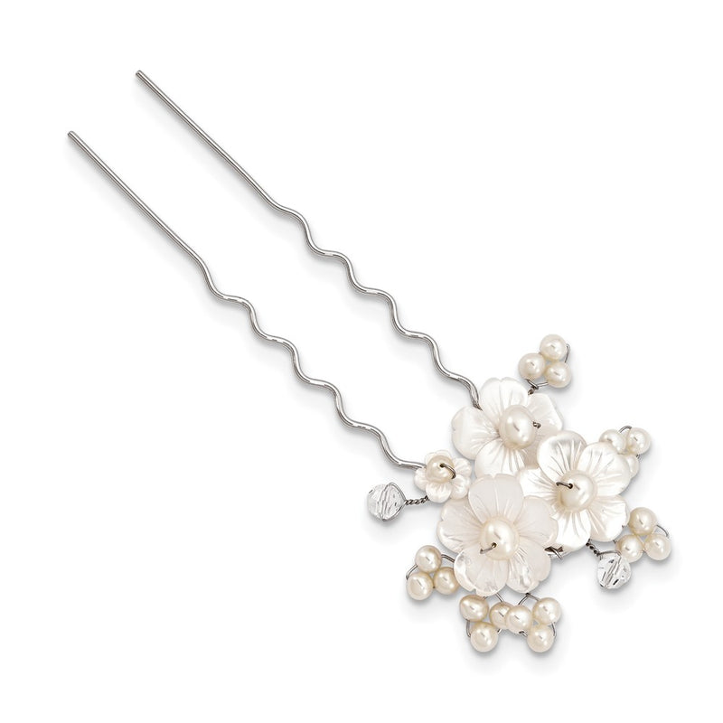 White Freshwater Cultured Pearl Clear Crystals and Mother of Pearl Floral Ornate Hair Pin