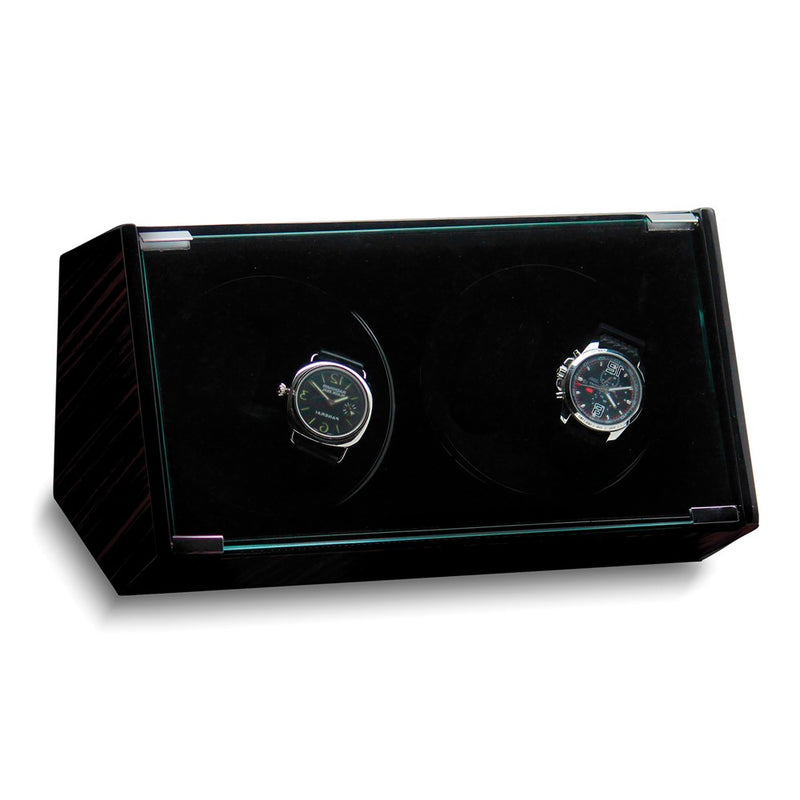 Rotations High Gloss Black Finish with Glass Door Velveteen Lined Wood Composite 2-Watch Winder (AC Powered)