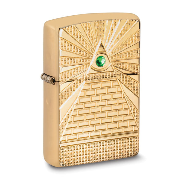 Zippo Armor High Polish Brass with Green Crystal Eye of Providence Design Lighter