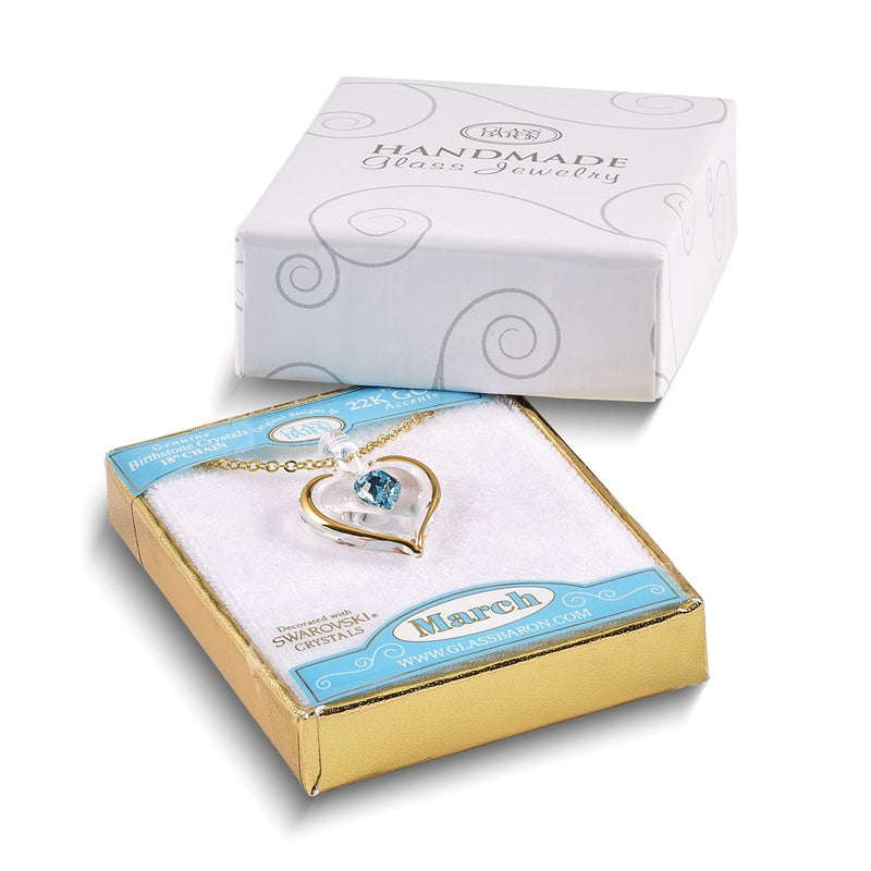 Glass Baron 22K Accent Gilding Gold-trim Glass with Blue March Birthstone Crystal Heart 18 inch Gold-tone Necklace