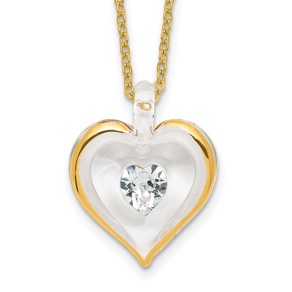 Glass Baron 22K Accent Gilding Gold-trim Glass with Clear April Birthstone Crystal Heart 18 inch Gold-tone Necklace