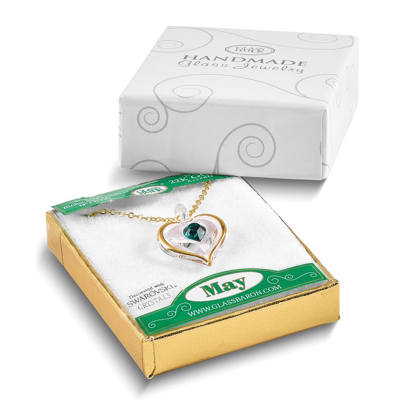 Glass Baron 22K Accent Gilding Gold-trim Glass with Green May Birthstone Crystal Heart 18 inch Gold-tone Necklace