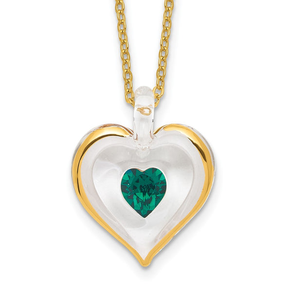 Glass Baron 22K Accent Gilding Gold-trim Glass with Green May Birthstone Crystal Heart 18 inch Gold-tone Necklace