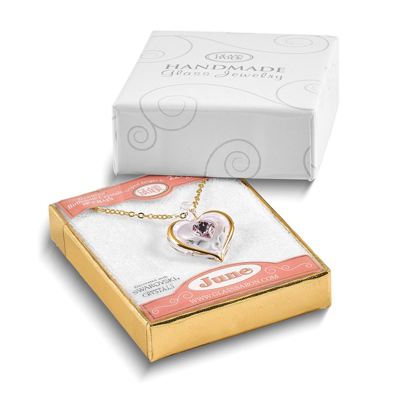 Glass Baron 22K Accent Gilding Gold-trim Glass with Light Purple June Birthstone Crystal Heart 18 inch Gold-tone Necklace