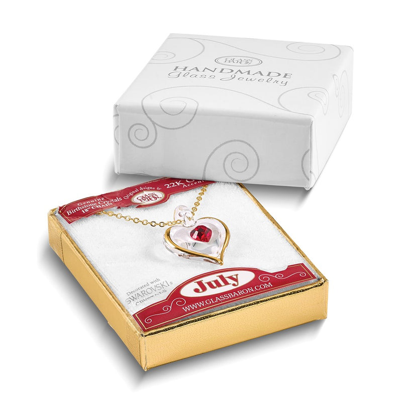 Glass Baron 22K Accent Gilding Gold-trim Glass with Red July Birthstone Crystal Heart 18 inch Gold-tone Necklace