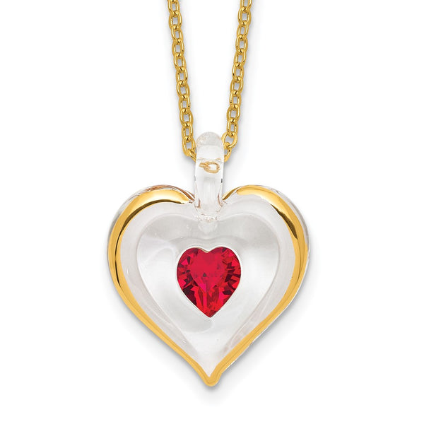 Glass Baron 22K Accent Gilding Gold-trim Glass with Red July Birthstone Crystal Heart 18 inch Gold-tone Necklace