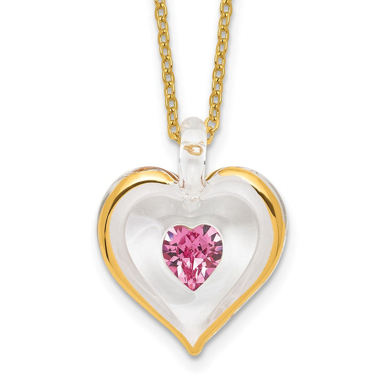 Glass Baron 22K Accent Gilding Gold-trim Glass with Pink October Birthstone Crystal Heart 18 inch Gold-tone Necklace