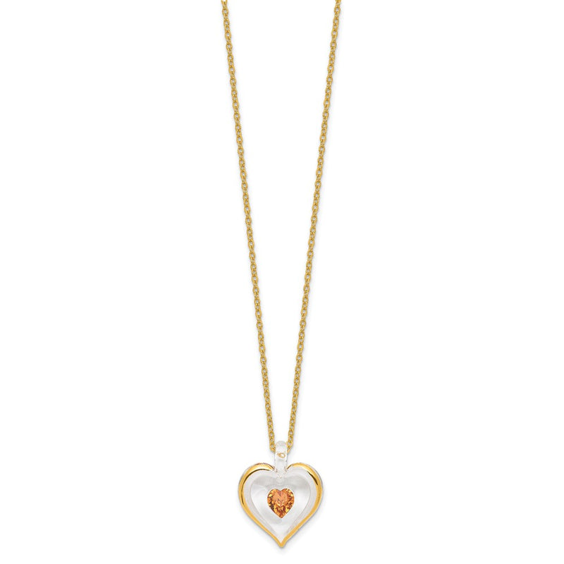 Glass Baron 22K Accent Gilding Gold-trim Glass with Golden Brown November Birthstone Crystal Heart 18 inch Gold-tone Necklace