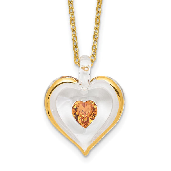 Glass Baron 22K Accent Gilding Gold-trim Glass with Golden Brown November Birthstone Crystal Heart 18 inch Gold-tone Necklace