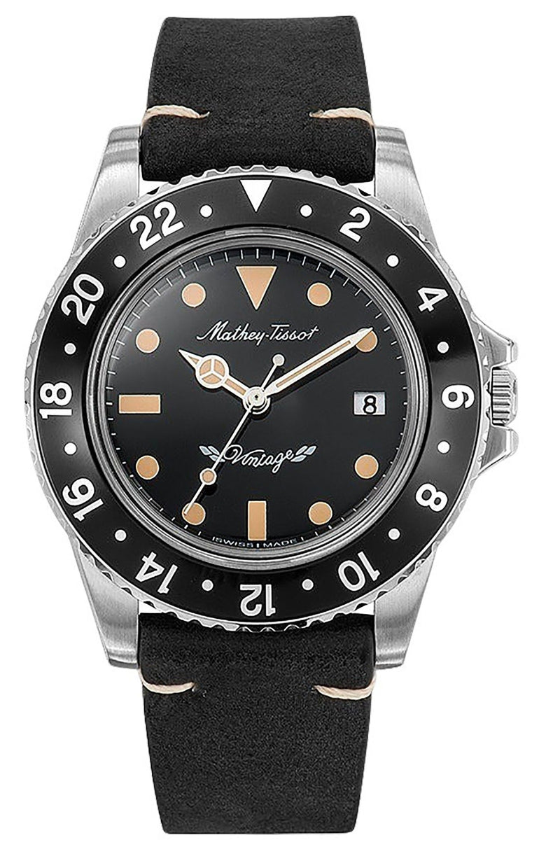 Mathey-Tissot Mathy Vintage Leather Strap Black Dial Quartz H900ALN Men's Watch