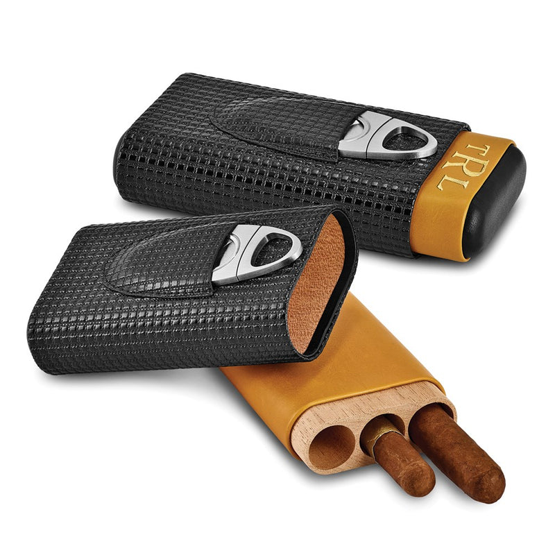 Luxury Giftware by Jere Black Carbon Fiber and Tan Polyurethane Cedar-Lined 3-Cigar Travel Humidor with Cigar Cutter