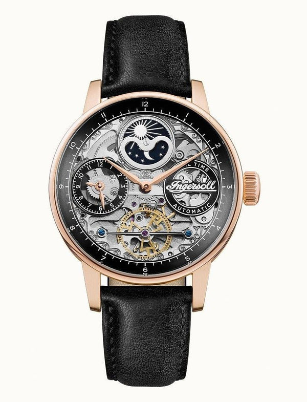 Ingersoll The Jazz Moon Phase Leather Strap Black Skeleton Dial Automatic I07705 Men's Watch