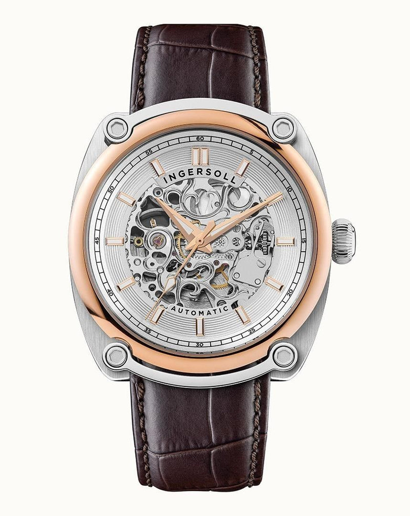 Ingersoll The Michigan Brown Leather Strap White Skeleton Dial Automatic I13302 Men's Watch