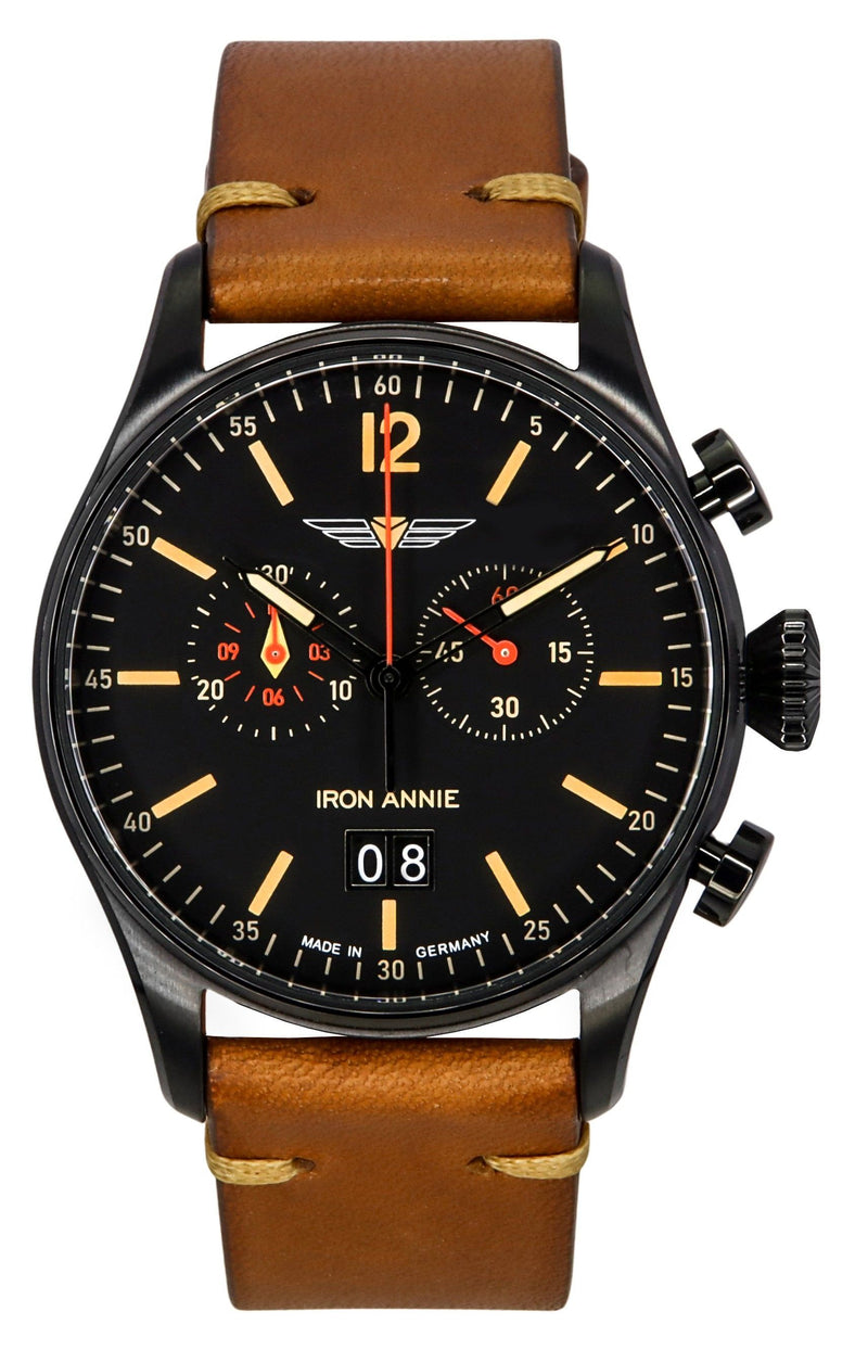 Iron Annie Flight Control Chronograph Leather Strap Black Dial Swiss Quartz 51842 Men's Watch