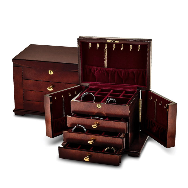 Luxury Giftware by Jere Matte Cherry Finish Poplar Veneer 3-drawer w/Swing-out Sides Locking Wooden Jewelry Chest