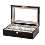 Luxury Giftware by Jere High Gloss Ebony Finish Veneer Beveled Glass Lid Locking Wooden 10-Watch Case