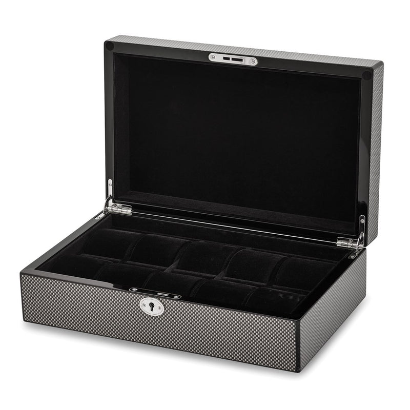 Luxury Giftware by Jere High Gloss Black Carbon Fiber Finish Locking Wooden 10-Watch Case