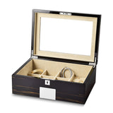 Luxury Giftware by Jere High Gloss Ebony Veneer Beveled Glass Lid Locking Wooden 6-Watch and Jewelry Box