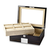 Luxury Giftware by Jere High Gloss Ebony Veneer Beveled Glass Lid Locking Wooden 6-Watch and Jewelry Box