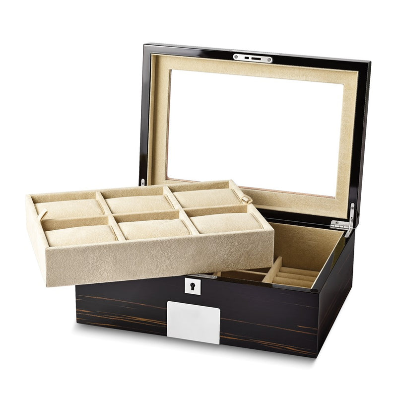 Luxury Giftware by Jere High Gloss Ebony Veneer Beveled Glass Lid Locking Wooden 6-Watch and Jewelry Box