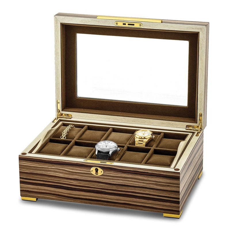 Luxury Giftware by Jere Matte Finish South American Vine Veneer Beveled Glass Lid Locking Wooden 10-Watch and Jewelry Box