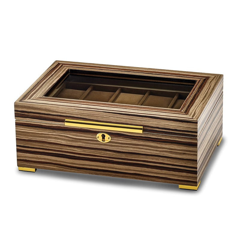 Luxury Giftware by Jere Matte Finish South American Vine Veneer Beveled Glass Lid Locking Wooden 10-Watch and Jewelry Box