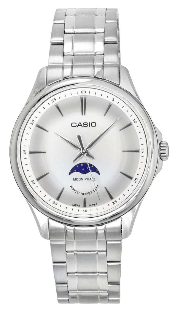 Casio Standard Analog Moon Phase Stainless Steel Silver Dial Quartz MTP-M100D-7A Men's Watch