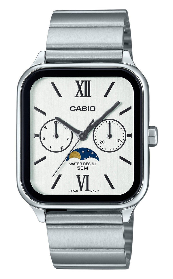 Casio Standard Analog Moon Phase Stainless Steel White Dial Quartz MTP-M305D-7A2V Men's Watch