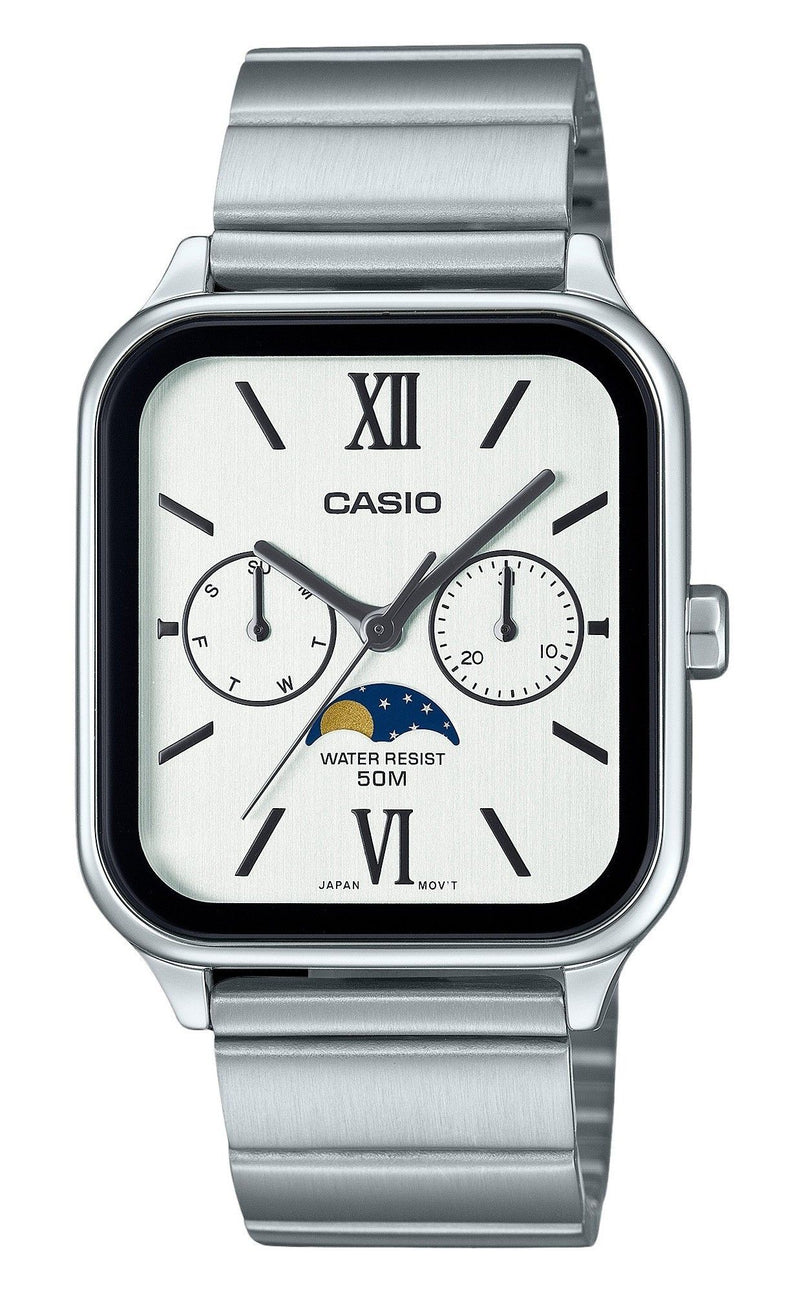 Casio Standard Analog Moon Phase Stainless Steel White Dial Quartz MTP-M305D-7A2V Men's Watch